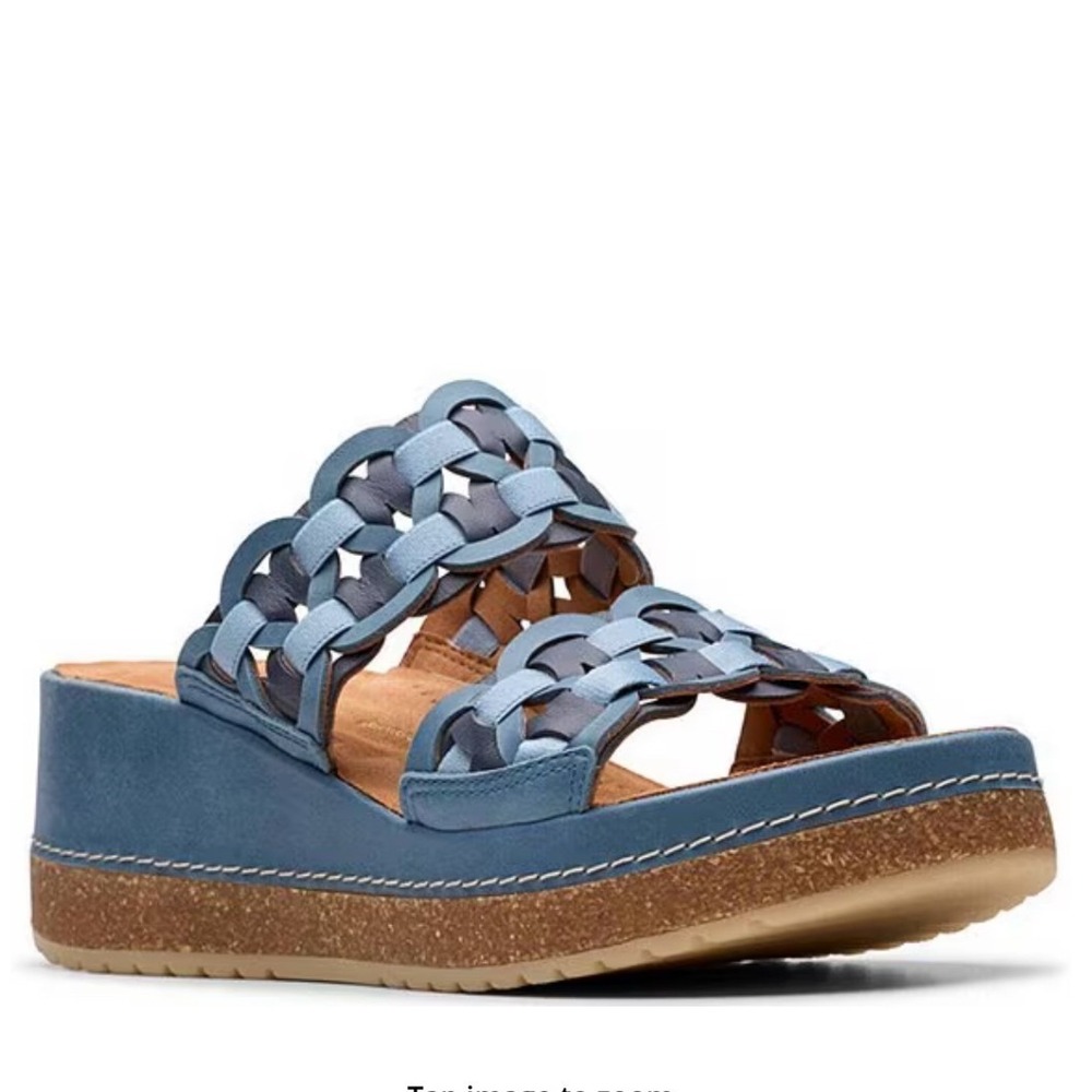 Clarks Kassanda Wedge Sandals Womens 9.5 Blue Woven Leather Slide Excellent